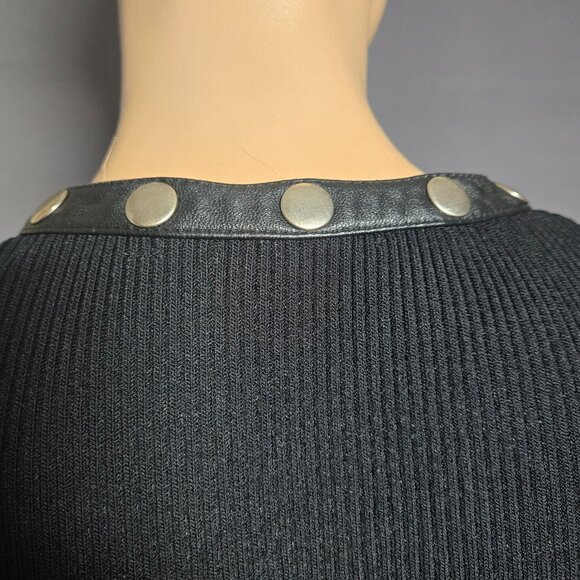 Y2K Black Ribbed Sweater Silver Snap Buttons Leather Trim Size S Gothic Vampy - Picture 9 of 13